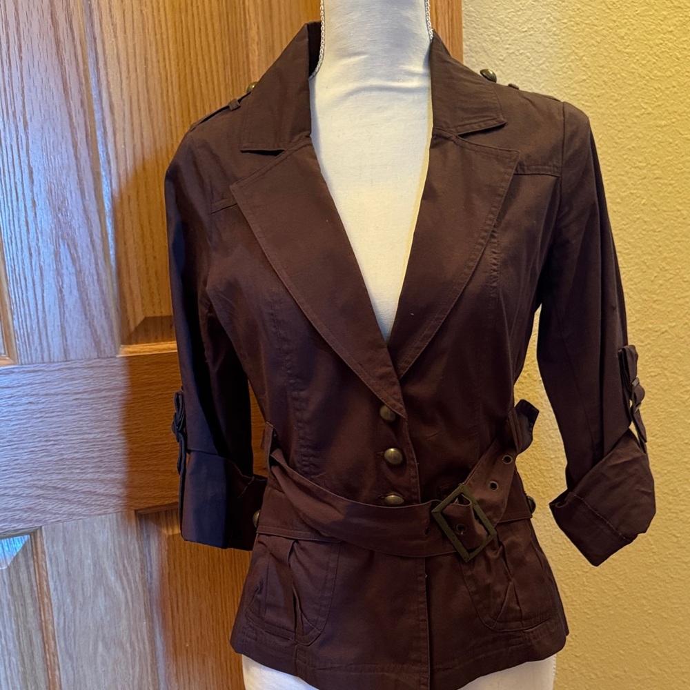 Womens Brown Trench-Style Belted Jacket